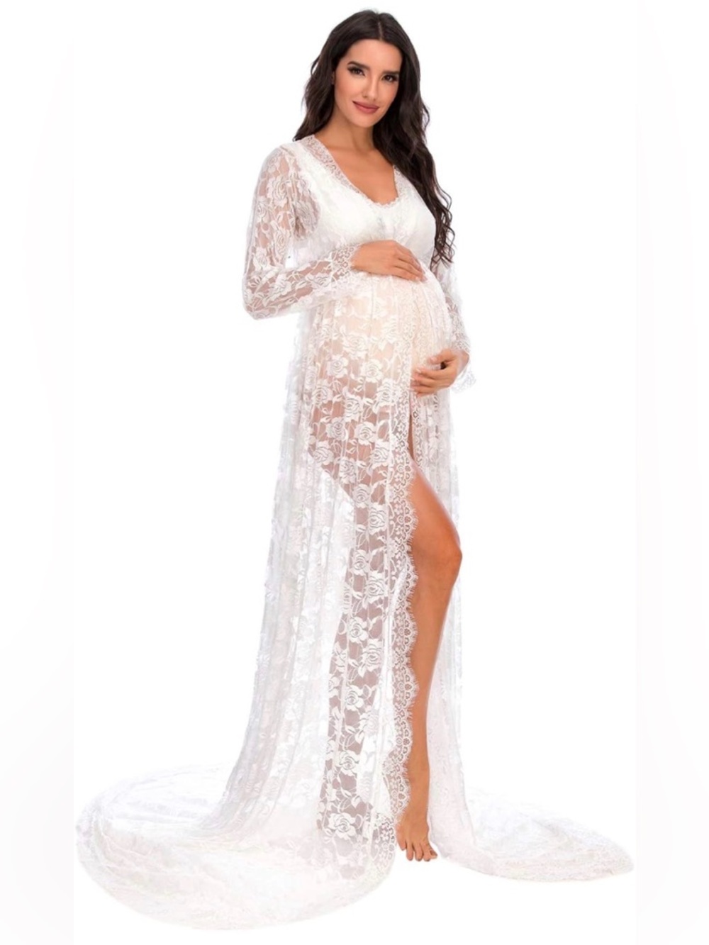Sheer Maternity Boudoir Deep V-Neck Split Maxi White Lace Dress - Picture 3 of 5